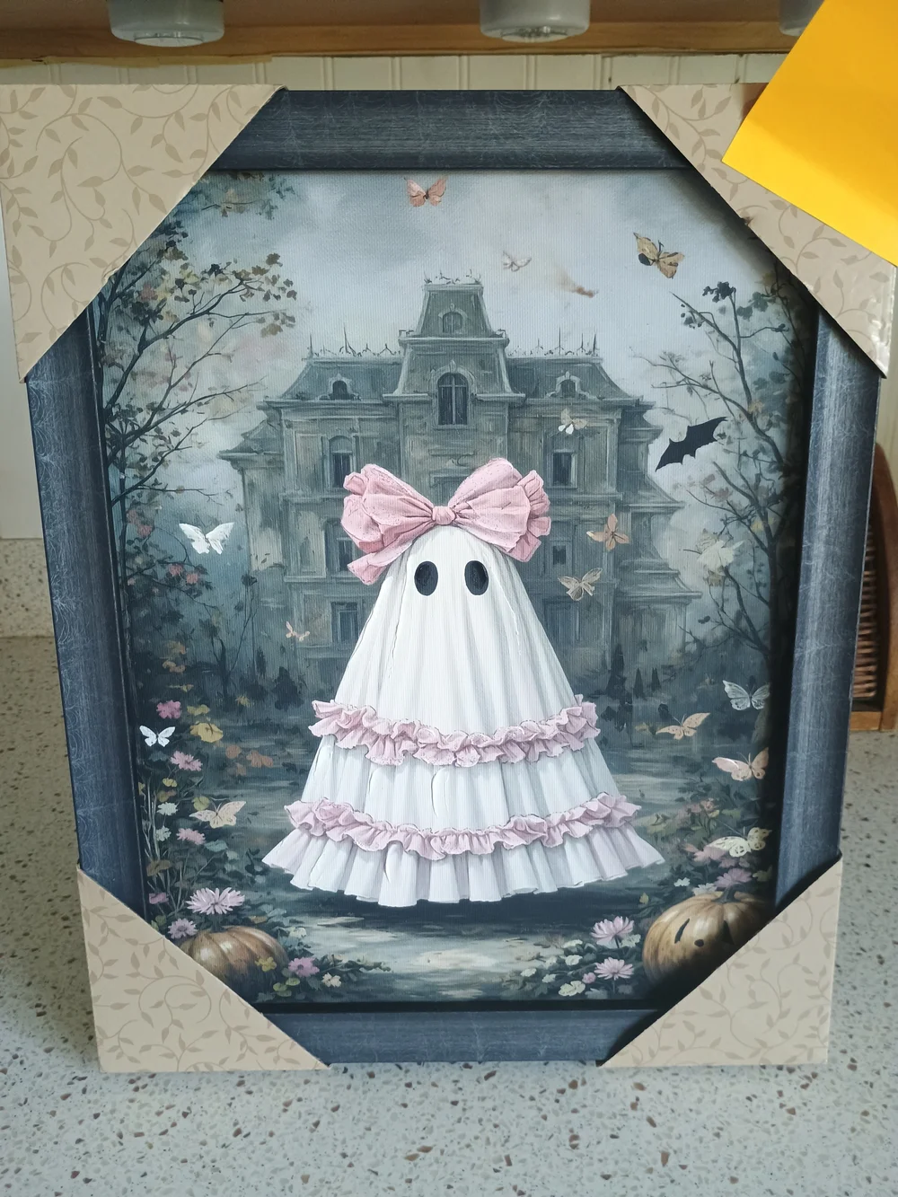 Framed Ghost Artwork with Pink Ruffles and Bow